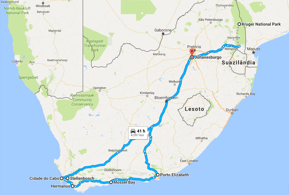 Mapa do roteiro África do Sul