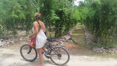Segurando a bicicleta para uma pausa, Amanda admira uma plantação de baunilha em Seychelles.