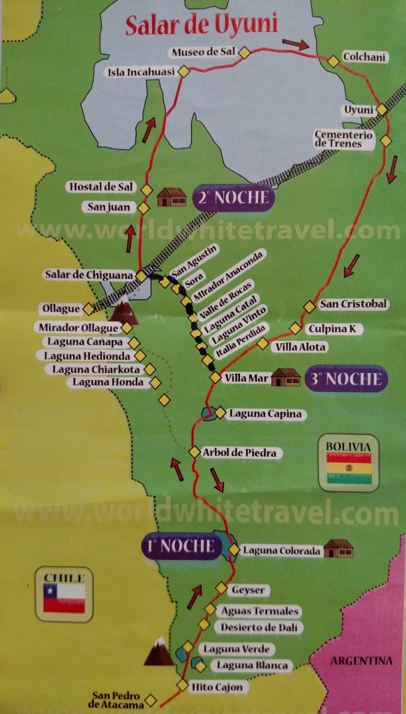 Mapa com as paradas no roteiro entre Atacama e Salar de Uyuni.