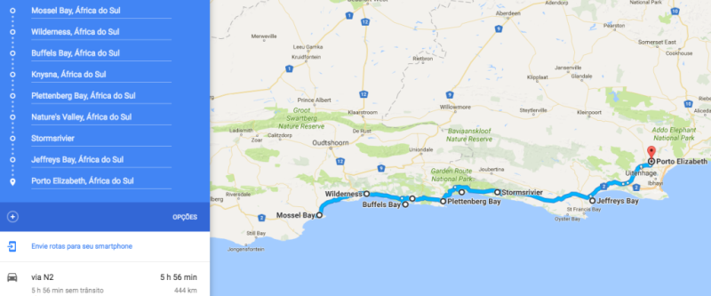 Captura de tela com roteiro da Garden Route no Google Maps.