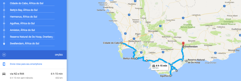 Captura de tela do Google Maps mostrando cidades que passam pela Garden Route, na África do Sul.