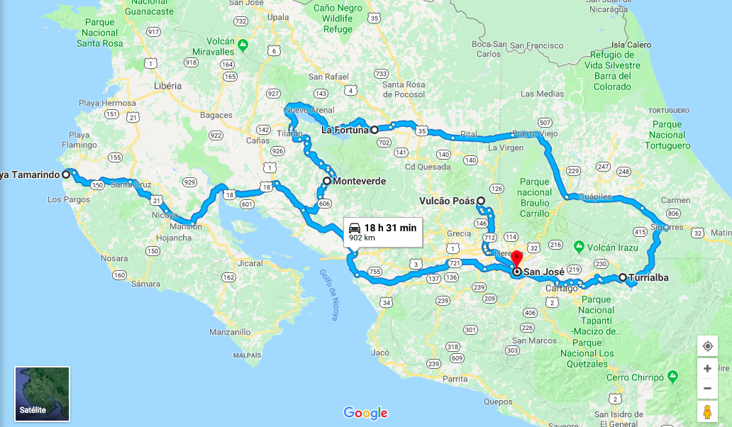 Costa rica mapa de roteiro de 10 dias